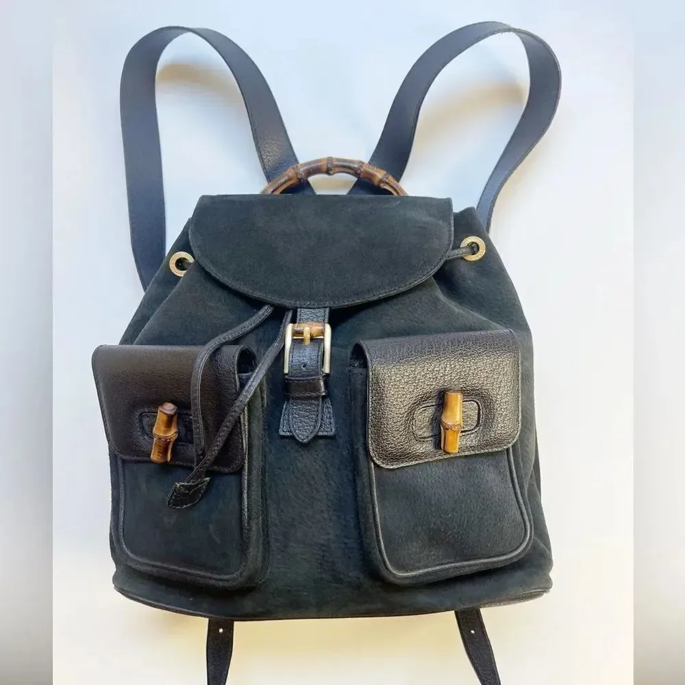 Gucci Black Suede Backpack with Bamboo Details